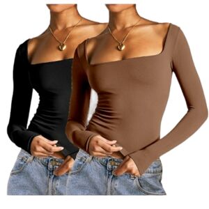 Square Neck Slim Fit Double Layer Long Sleeve Crop Top T Shirt Small Brown NWOT